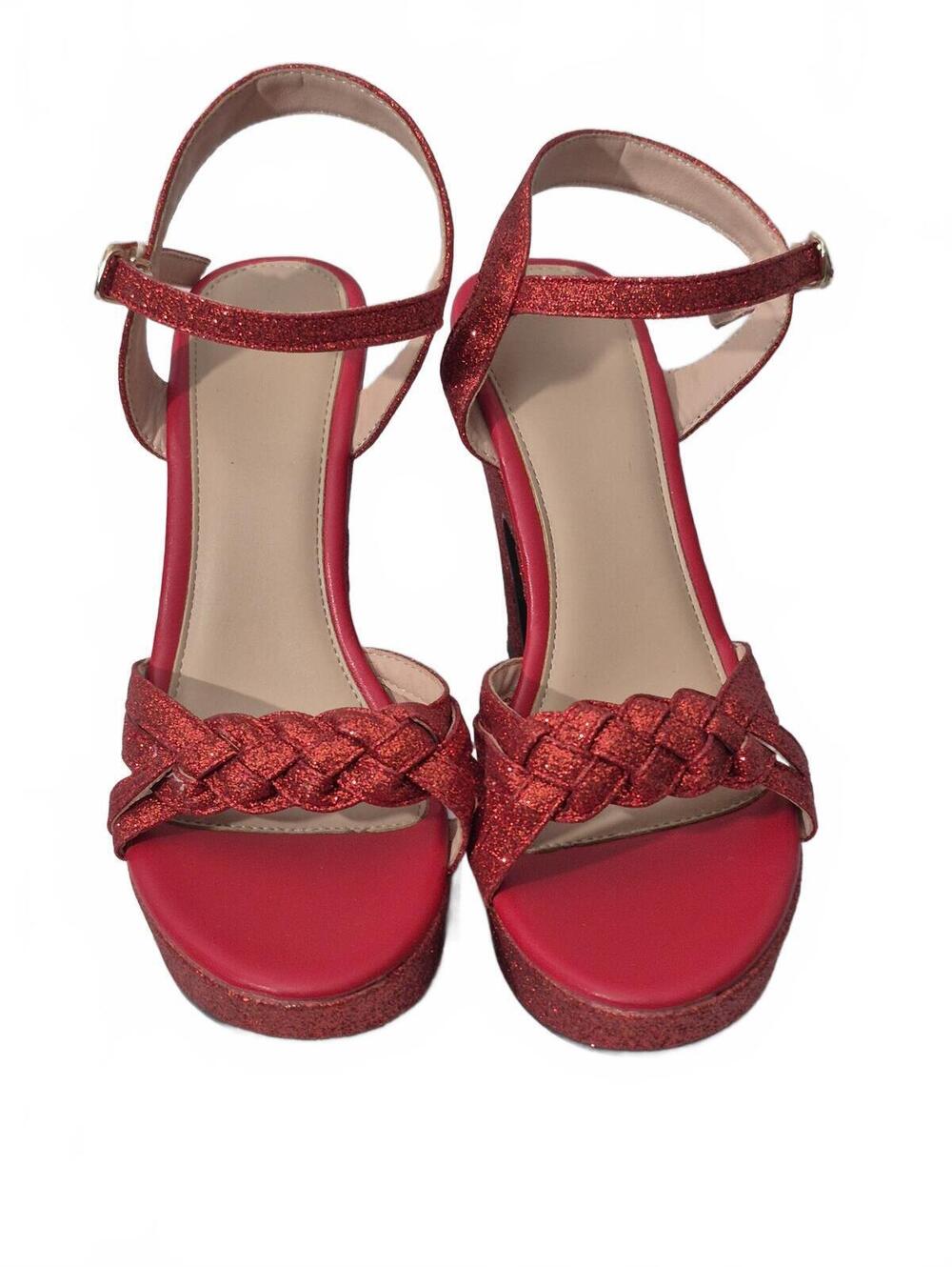 Womens Red Glitter Platform Heel Sandal Open Toe 4in Block Heel